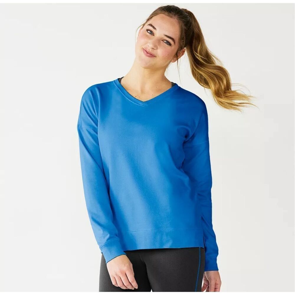 Tek Gear Womens High Low Hem V Neck Pullover Sweatshirt Blue Size Medium